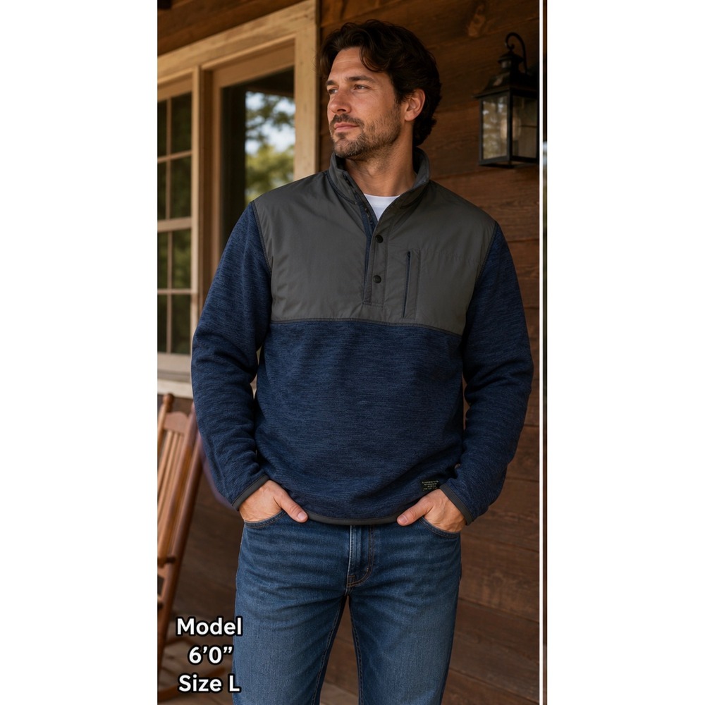 GH Bass & Co Mens Large Blue Textured Fleece 1/4 Snap Pullover Sweater Jacket